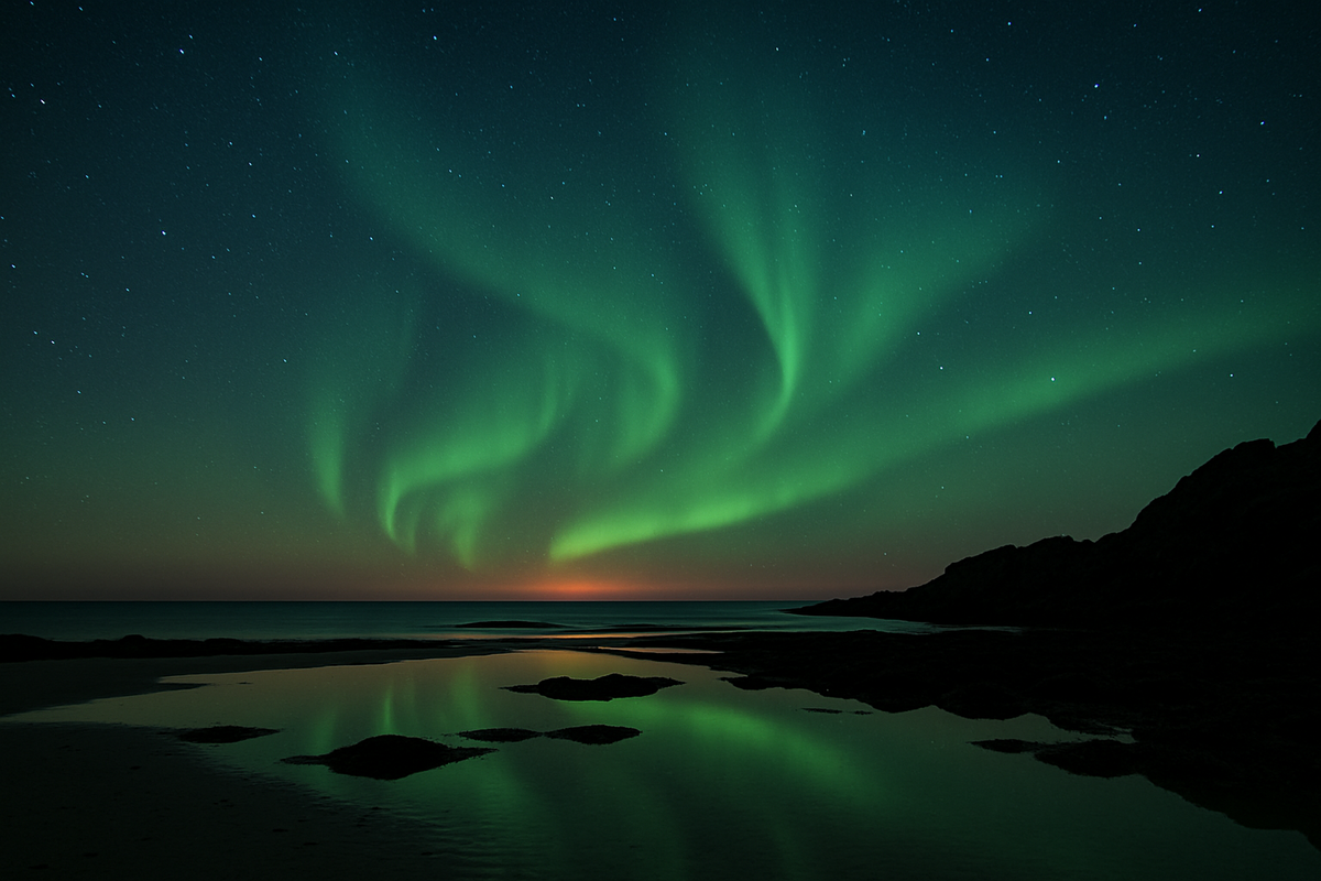 Aurora Borealis dancing above Scandinavian coastal landscape