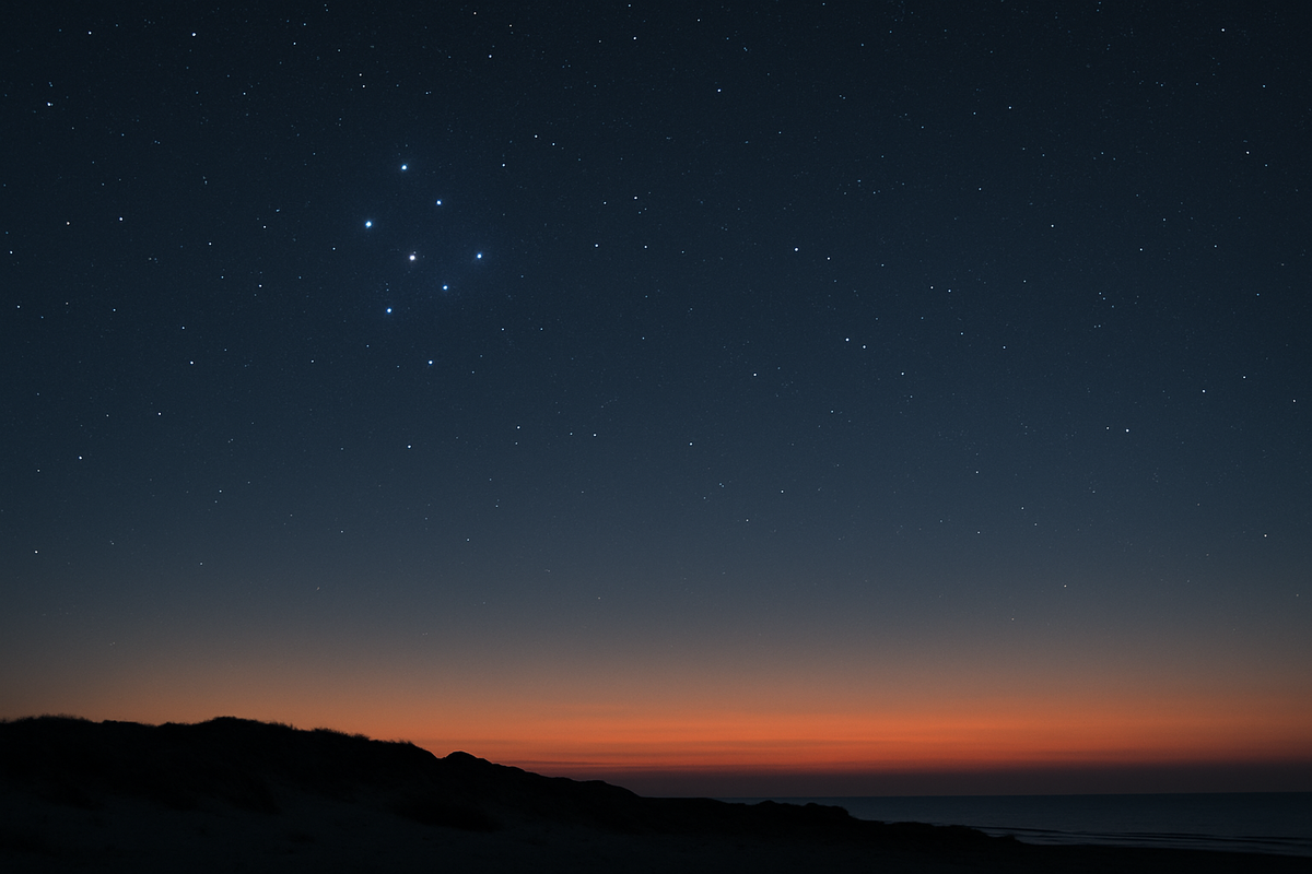 Clear Scandinavian night sky with bright stars above coastal horizon