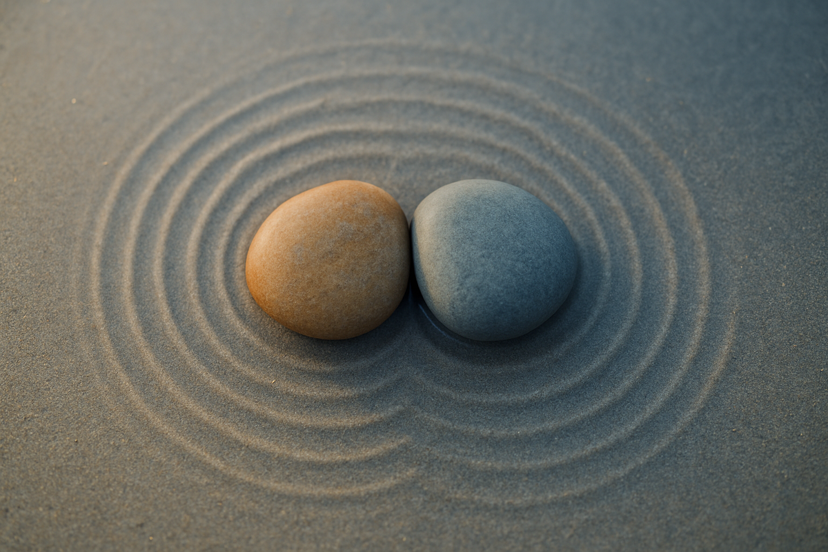 Two smooth coastal stones resting together on wet sand