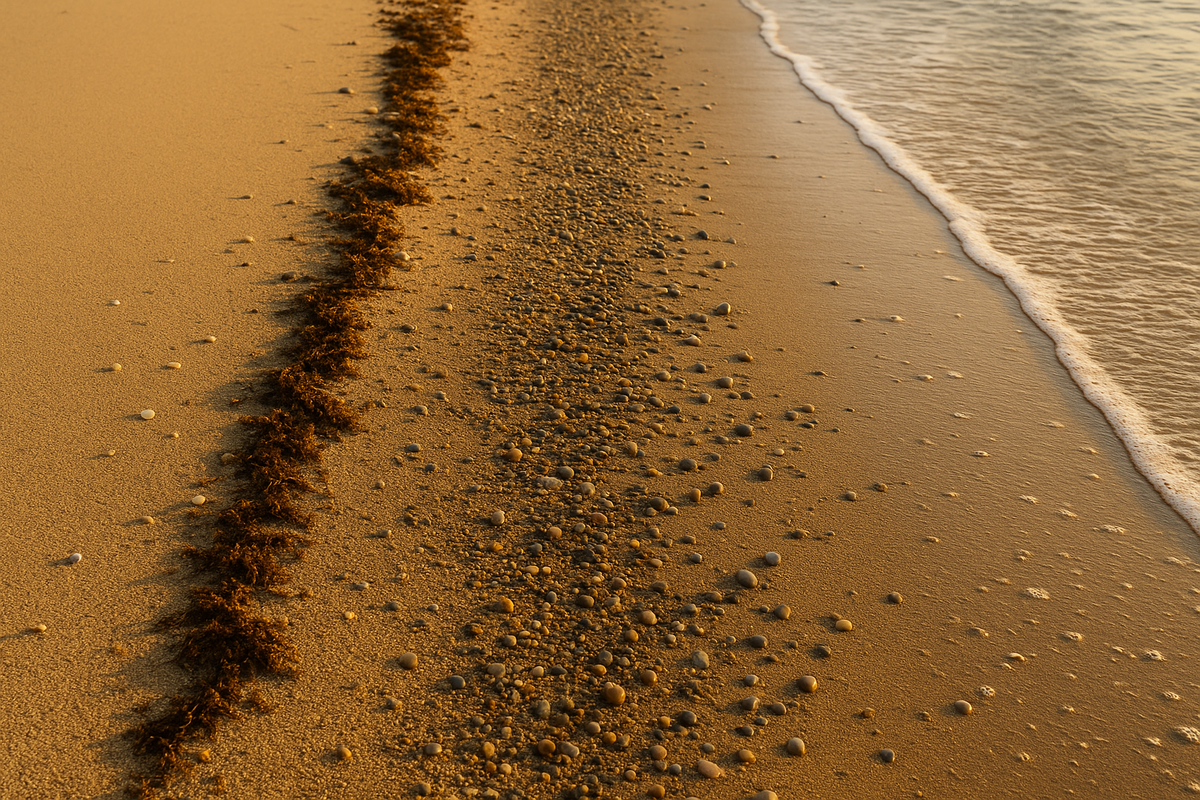 Beach tide line showing boundary between wet and dry sand at golden hour