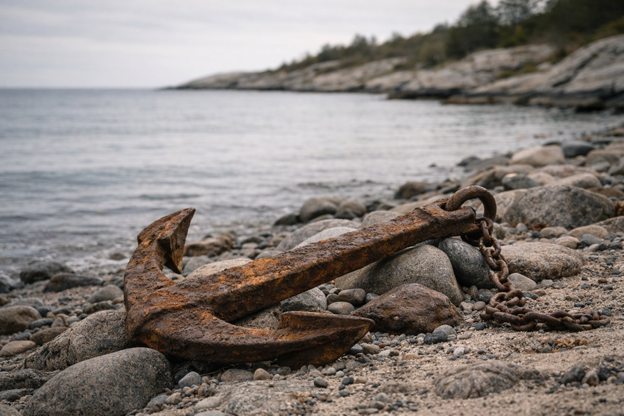 Weathered anchor on a beach
