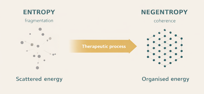 Therapy transforms scattered energy (entropy) into organised patterns (negentropy)