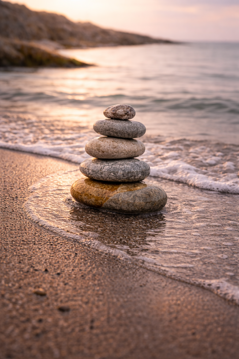 A cairn of smooth stones balanced on wet sand as a gentle wave approaches at golden hour
