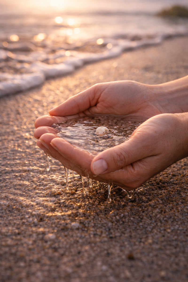 Cupped hands holding clear seawater at the shoreline at golden hour