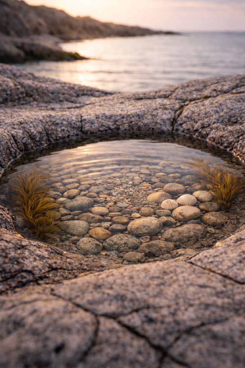 A granite tide pool containing smooth stones and shells in clear water at golden hour